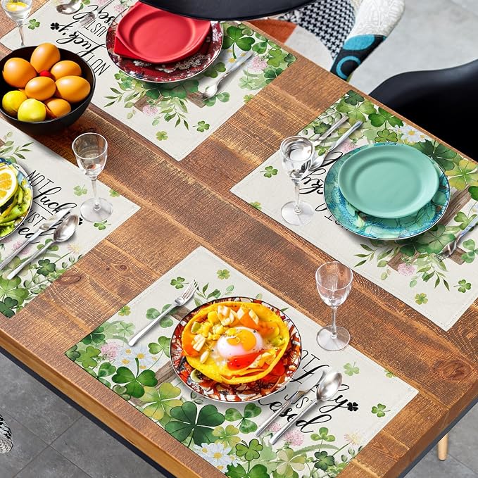 St Patricks Placemats Set of 4 St. Patrick's Day Cross Shamrocks Clover Linen - Image 7