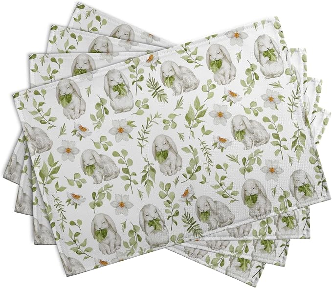 Easter Bunny Rabbits Placemats Set of 4 Easter Spring Green Leaves Flroal - Image 2