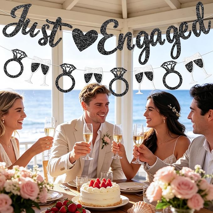 Black Just Engaged Banner Prestrung Engagement Party Decorations Happy - Image 7