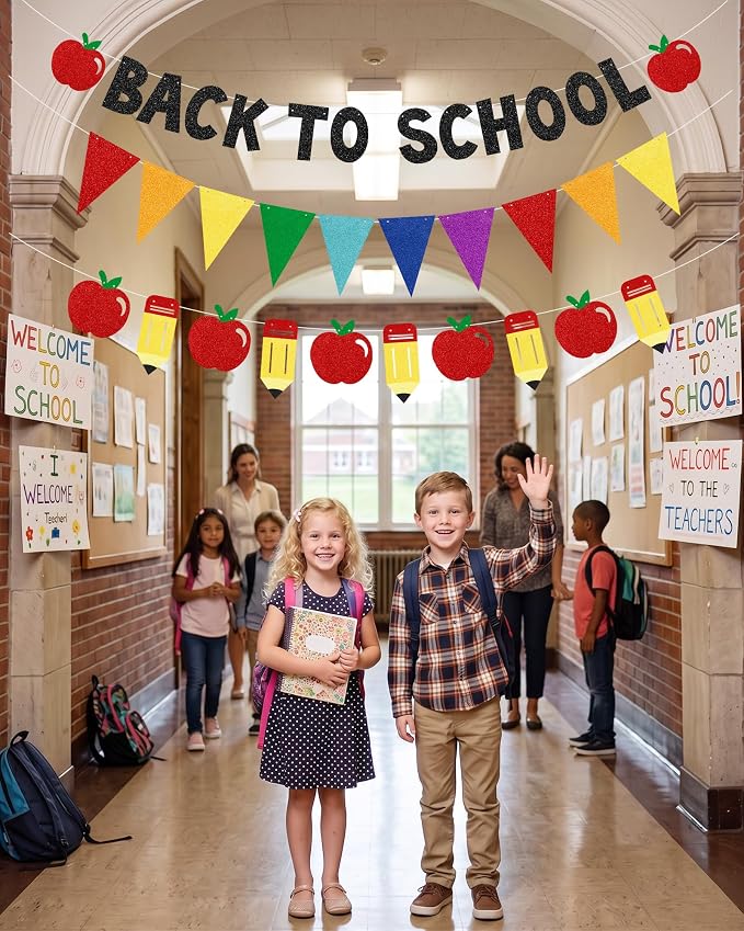 Back to School Party Decorations – Black Glitter Banner, Colorful Triangle - Image 4