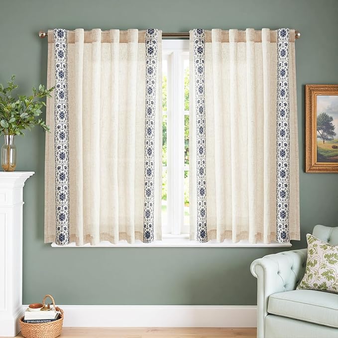 jinchan Blue Floral Embroidered Short Linen Curtains 54×54 Inches 2 Panels | - Image 3