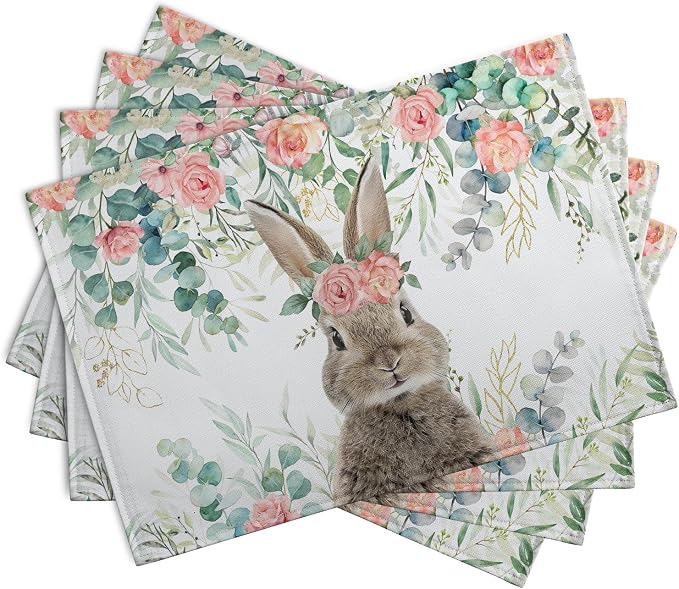 Easter Bunny Placemats Set of 4 Eucalyptus Leaves Rabbit Rose Place Mats 12x18 - Image 2