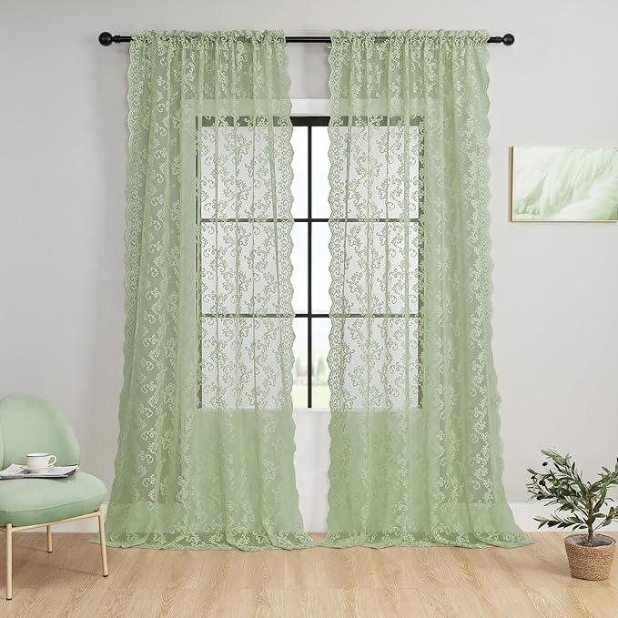 Sage Green Lace Curtains 84 Inches Long 2 Panels Country Vintage Sheer Lace - Image 2