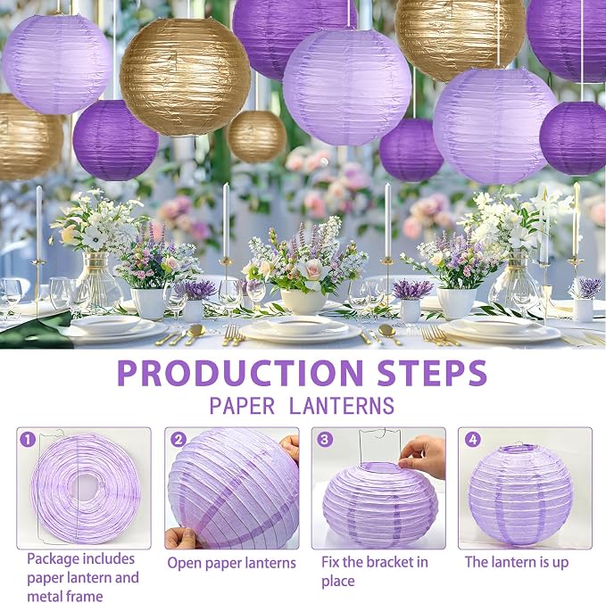 15-Pack Purple Gold Paper Lanterns, Rapunzel Birthday Decorations | 6, 8 & - Image 6