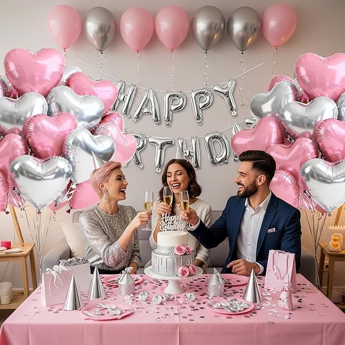 TONIFUL 30 Pcs Pink Silver Heart Balloons 18 Inch Heart Shape Foil Balloon | - Image 5