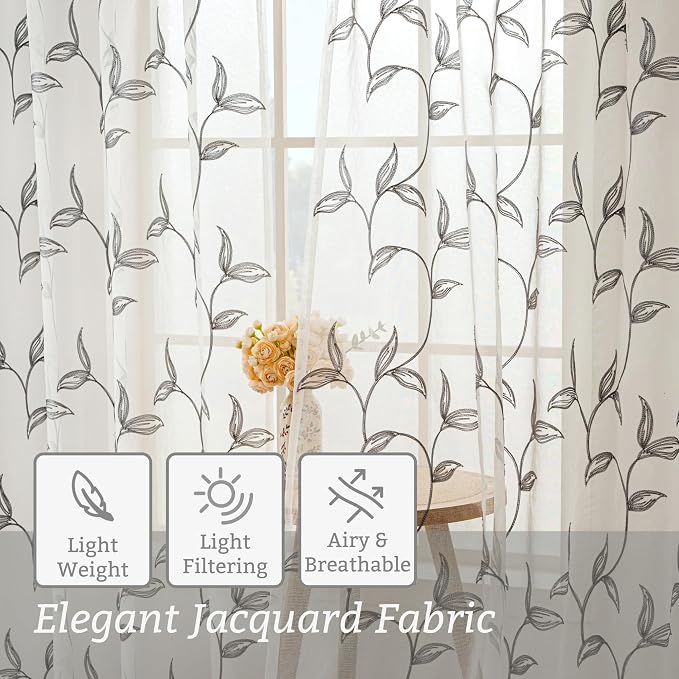 Sheer Curtains Boho Leaf Floral Embroidered Grey 54Wx72L | Light Filtering Semi - Image 4