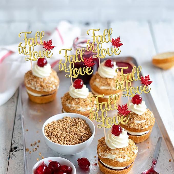 24 PCS Fall in Love Cupcake Toppers Glitter Maple Leaf Fall Theme Bridal Shower Cupcake Picks Wedding Engagement Cake Decorations for Autumn Wedding Anniversary Bridal Shower Party Supplies Gold