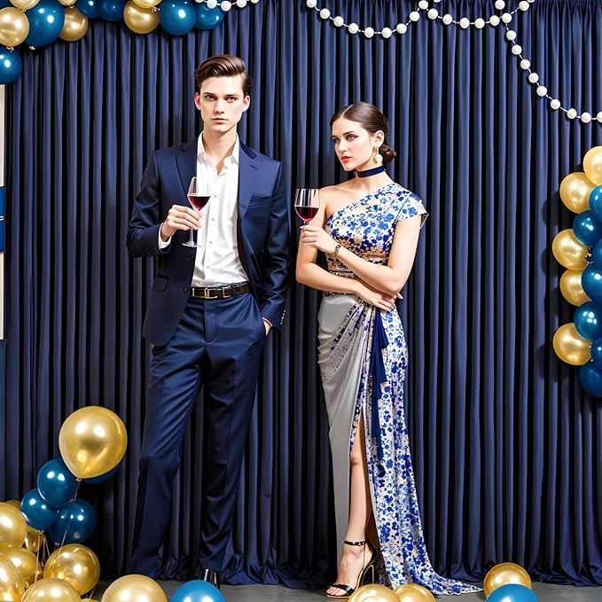 30 ft x 8 ft Navy Blue Backdrop Curtain Panels, 6 Panels 5 ft x 8 ft Wrinkle Free Polyester Photography Backdrop Drapes, Wedding Party Home Decoration Supplies