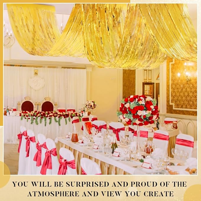 8 Pcs 15ft Gold Metallic Foil Ceiling Fringe Curtains, Party Decor Fringe Drapes - Image 6
