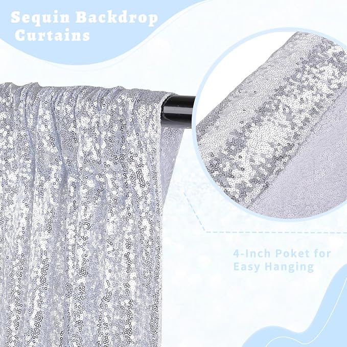 Silver Sequin Backdrop Curtains 4 Pcs 2ftx8ft Glitter Shimmer Fabric | Sparkly - Image 2
