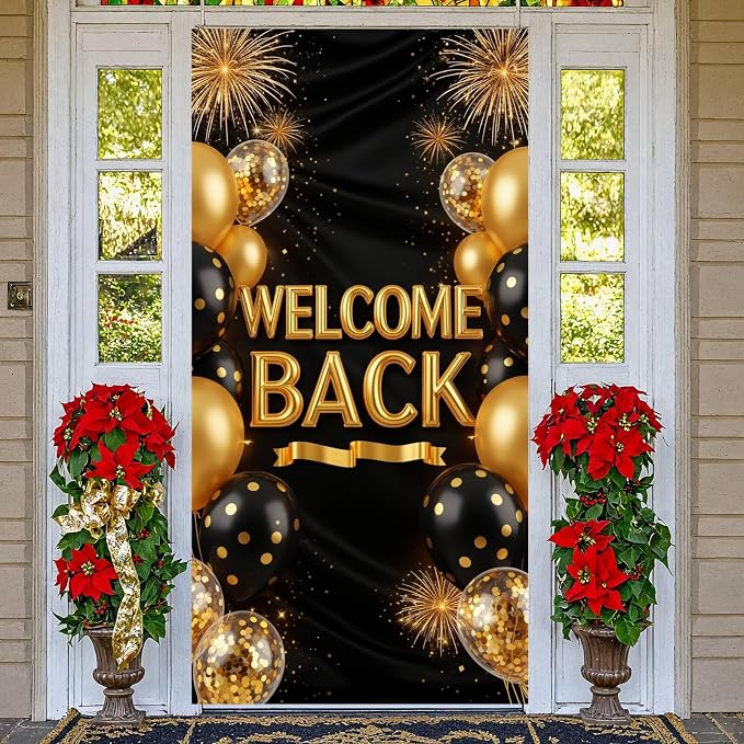 Welcome Back Door Cover Banner Decorations Black Gold Welcome Home Backdrop by Wayyogh