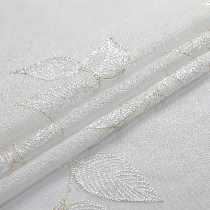 Beige Sheer Curtains Leaf Embroidered 63 Inches Long 2 Panels | Light Filtering - Image 7
