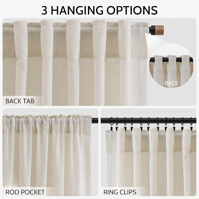 Warm Beige Linen Curtains 63 Inches Long 2 Panel Sets - Image 2