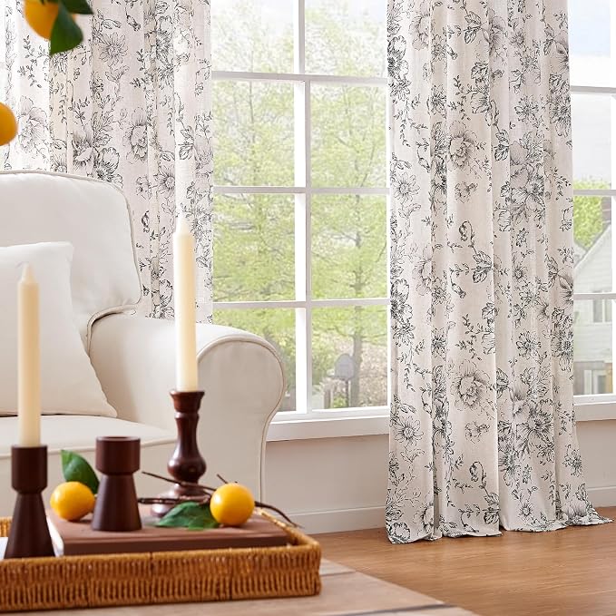 jinchan Black Floral Linen Curtains 90 Inch Vintage Back Tab 2 Panels | Light - Image 8