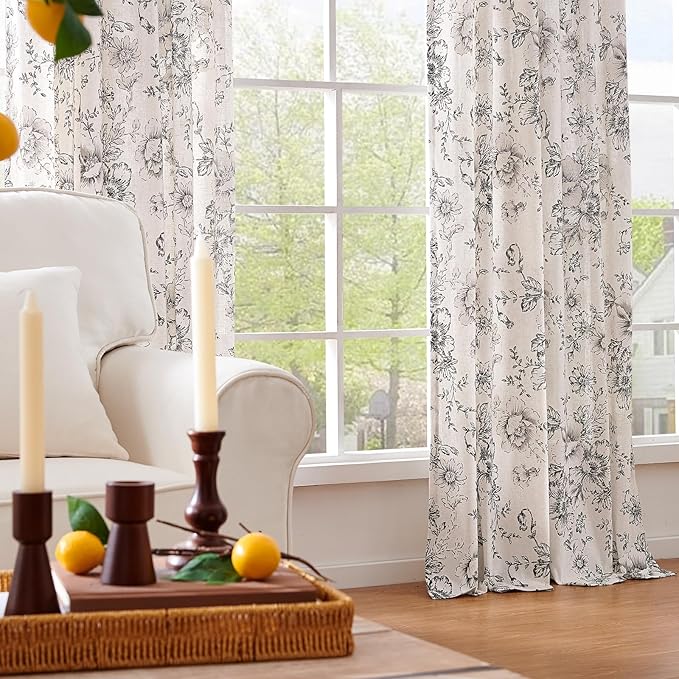 jinchan Black Floral Linen Curtains 96 Inch Farmhouse Back Tab 2 Panels | Light - Image 5