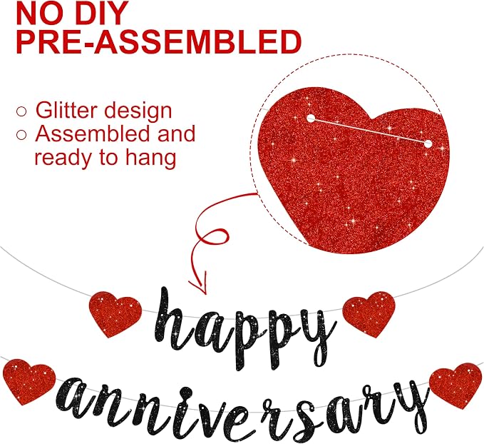 BEISHIDA Glitter Pre-Strung Black Red Happy Anniversary Banner Decoration | NO - Image 2