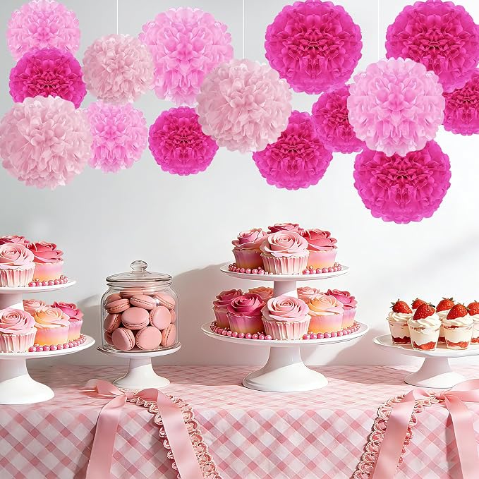 Tissue Paper Pom Poms, Rose Red Paper Flower Ball - Image 4