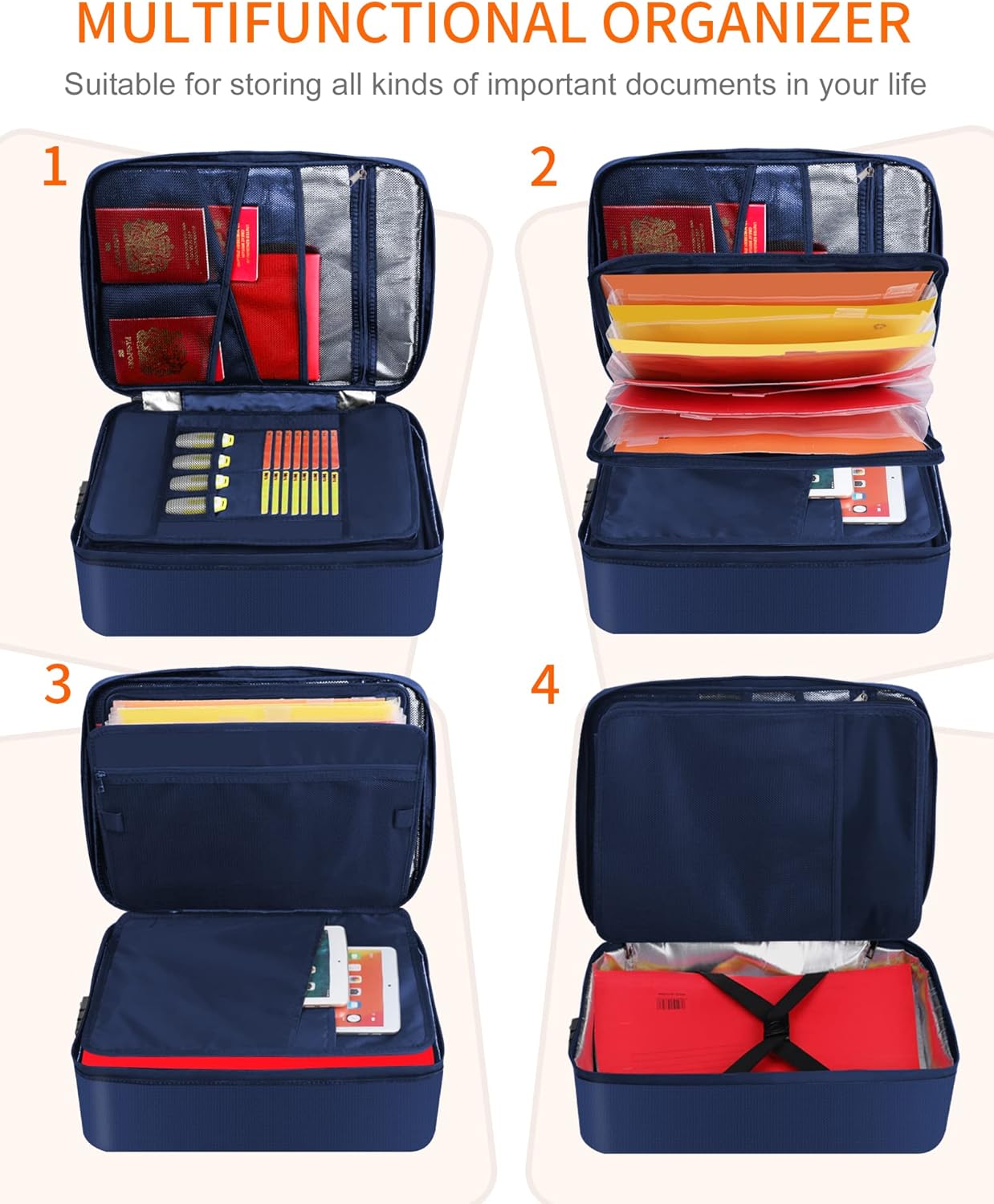 Noiposi Document Organizer with 5200℉ Heat Insulated,16.1"x11.4"x4.3" Waterproof and Fireproof Document Box,Portable Home Travel Safe Storage Box for Important Documents and File,Blue