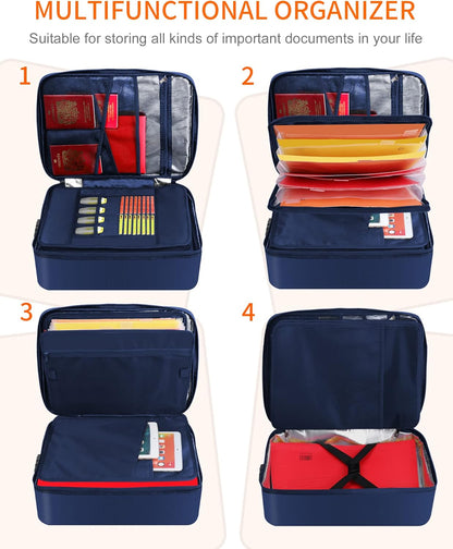 Noiposi Important Document Organizer, Waterproof and Fireproof Document Box with 7 Pockets File Folder,Portable Home Fire Safe Storage Box Case with Lock for Documents,File and Card,Blue