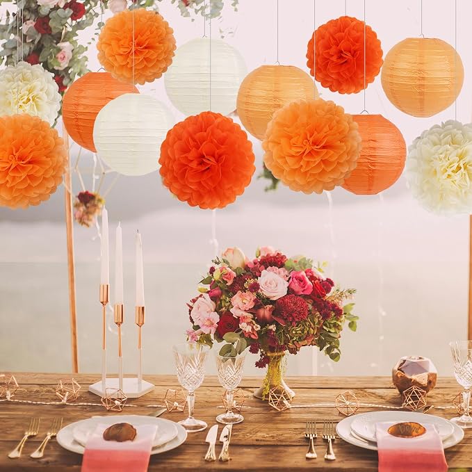 Orange Birthday Party Decorations Paper Lanterns and Pom Poms 15pcs Set | Baby - Image 5