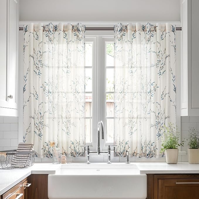 MYSKY HOME Flax Linen Sheer Curtains 45 Inch Length Floral Decorative Window by MYSKYHOME