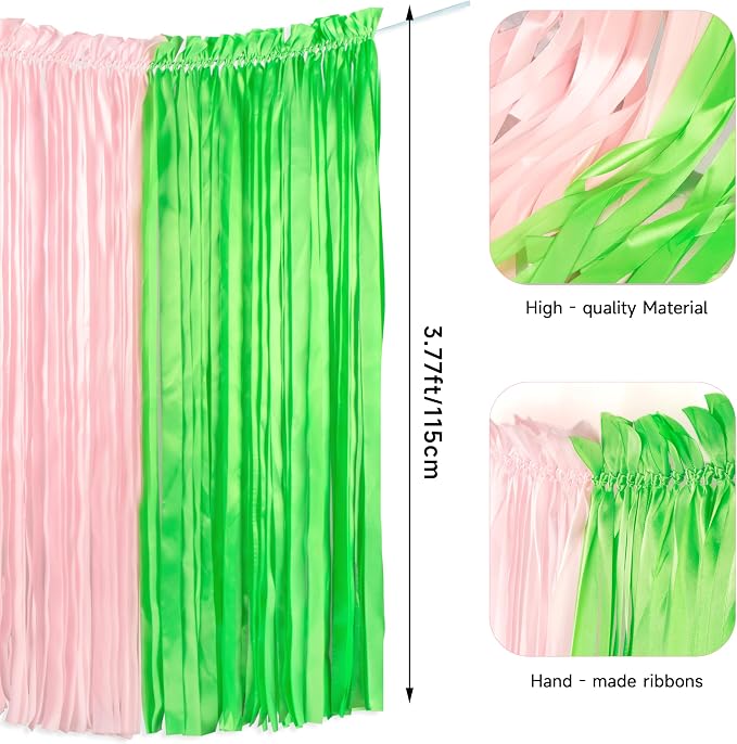 Pink and Green Ribbon Curtain Backdrop, Pre-Strung 6.56×3.77ft Hanging Ribbon - Image 2