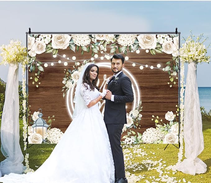 Mr and Mrs Wedding Backdrop Banner Decorations 7x5Ft | Rose Floral Wooden - Image 4