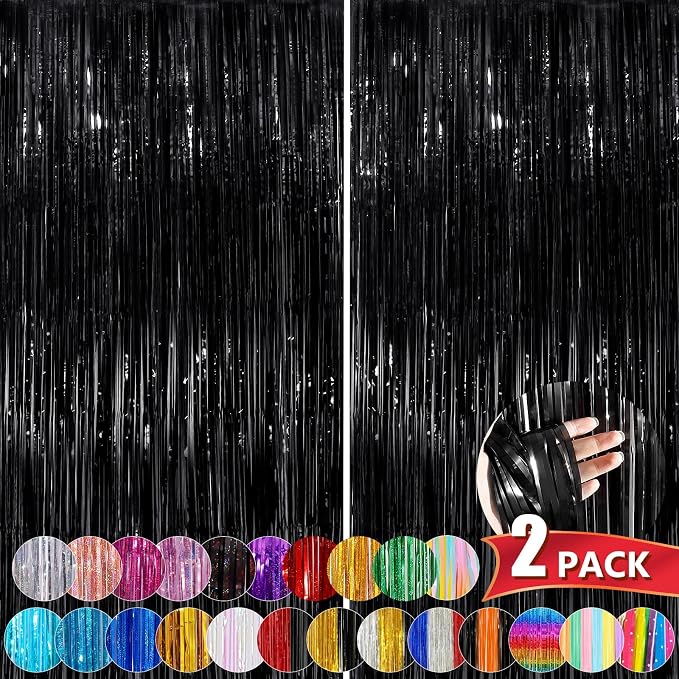 Black Metallic Tinsel Foil Fringe Curtains, 2 Pack 3.3x8.3 Feet Party Streamer by NUWDHP