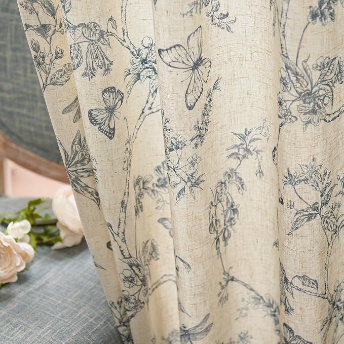 Blue Floral Linen Curtains Farmhouse Rod Pocket 50W X 63L 2 Panels | Charlotte - Image 8