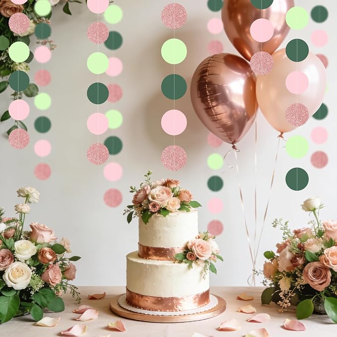 5PCS Sage Green Paper Garland, 72ft Sage Green Pink Polka Dots Circle Ceiling - Image 5
