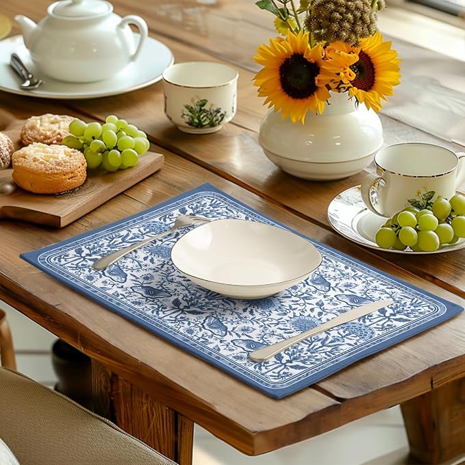 Blue Floral Boho Placemats Set of 4, 12x18 Inch Vintage Chinoiserie Block Print - Image 6