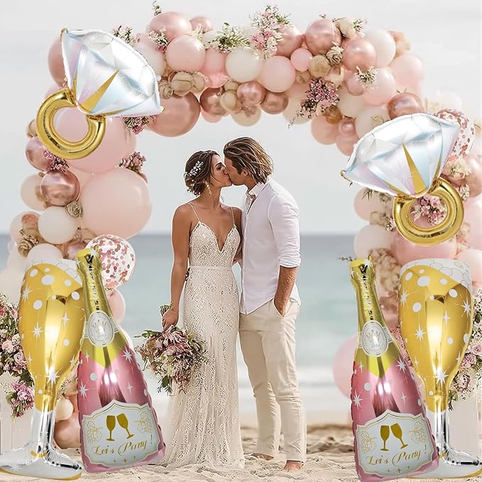 4 Pcs Bachelorette Balloons, Huge Rose Gold Champagne Bottle Diamond Ring - Image 4