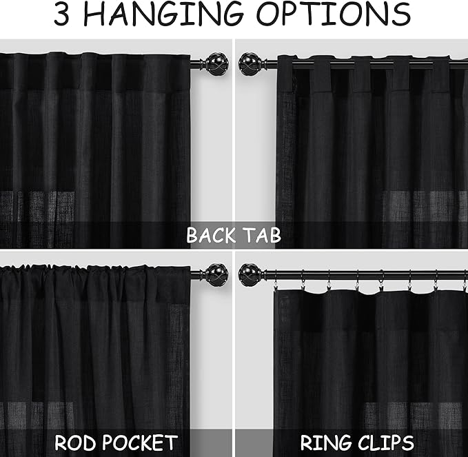 Extra Long Black Linen Curtains 108 Inches Long 2 Panels Set - Image 2