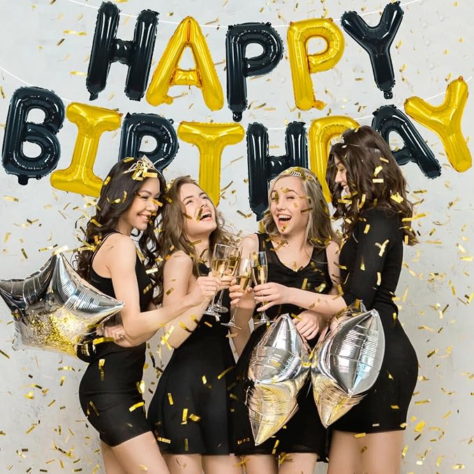 TONIFUL 16 Inch Black Gold Happy Birthday Balloons Banner Decor - Image 3