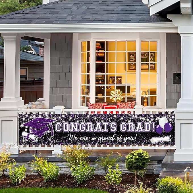 Purple Graduation Decorations, Congrats Grad Graduation Banner Glitter Purple - Image 7