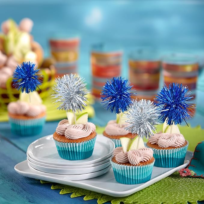 Gyufise 30Pcs Foil Firework Cupcake Toppers Sparkle Tinsel Cake Toppers Tinsel - Image 5