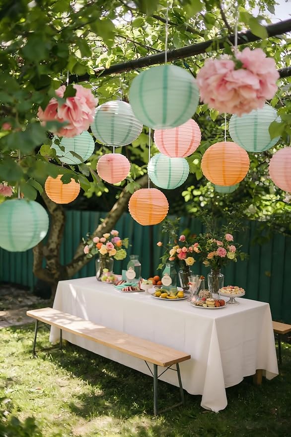 ZOOYOO Sage Green Pink Paper Lanterns, Boho Round Hanging Paper Lanterns - Image 3