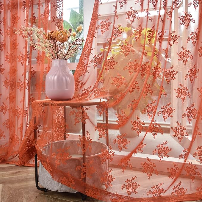 Kotile Burnt Orange Sheer Lace Curtains - Image 8