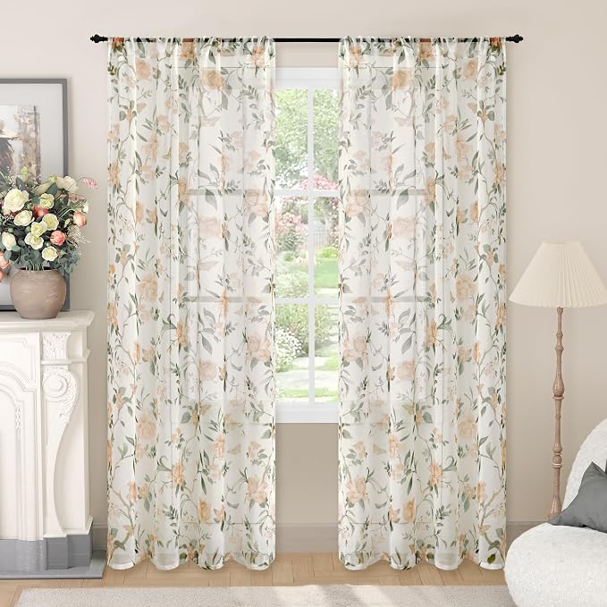 Floral Sheer Curtains for Bedroom Window 72 Inch Length 2 Panels, Farmhouse by Lajode
