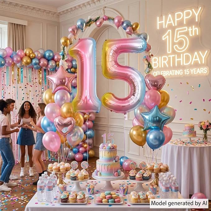 Rainbow Ombre Number 15 Balloon 40 Inch, Pastel Foil Decor - Image 3