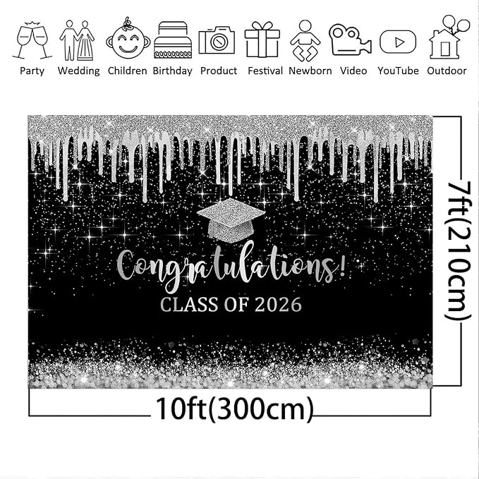 Mocsicka 10x7ft Class of 2026 Graduation Backdrop Black and Sliver Glitter 2026 - Image 5
