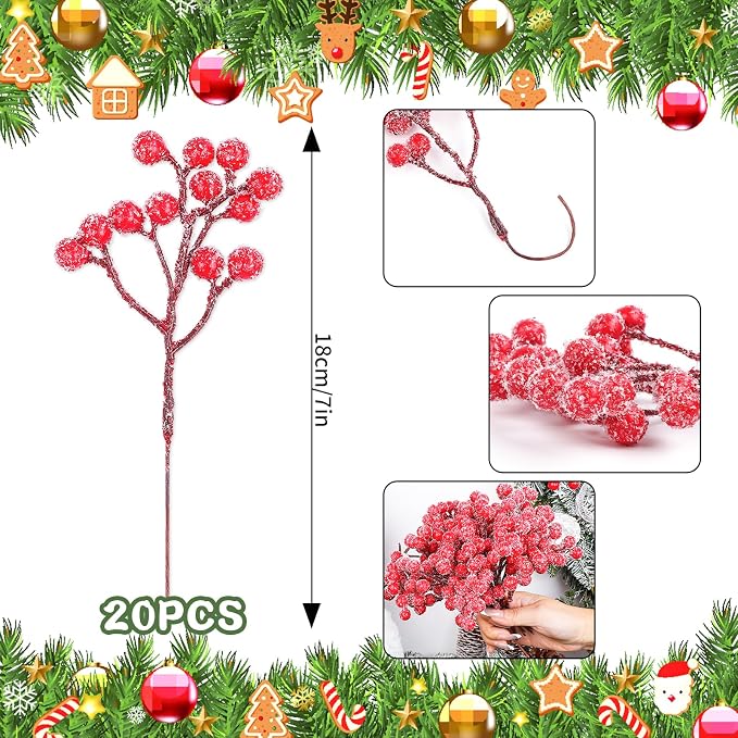 Fangoo 20 Pack 7 Inch Artificial Red Berry Picks - Image 2