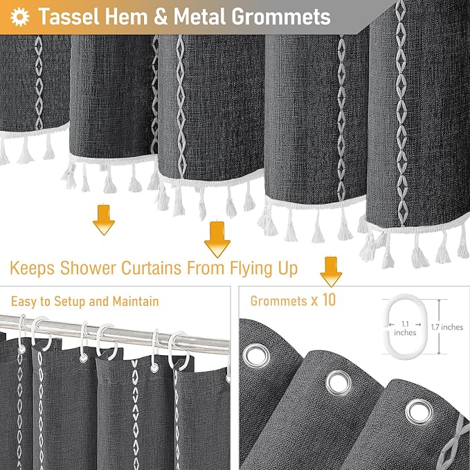 60x72 Boho Farmhouse Linen Heavy Duty Shower Curtain, Charcoal Grey | Narrow - Image 5