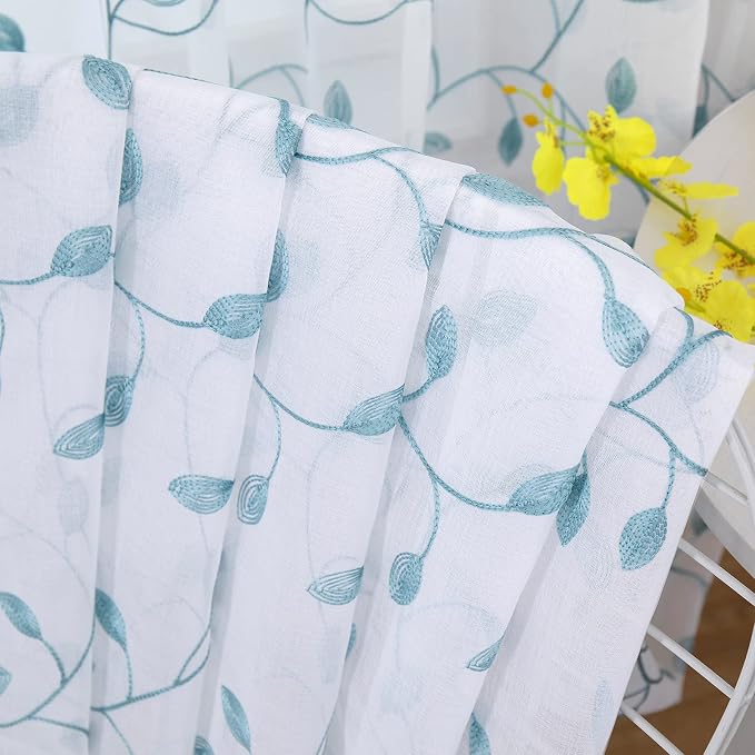 Tollpiz Leaves Sheer Curtains Teal Blue Leaf Embroidery Living Room Curtain Rod - Image 7
