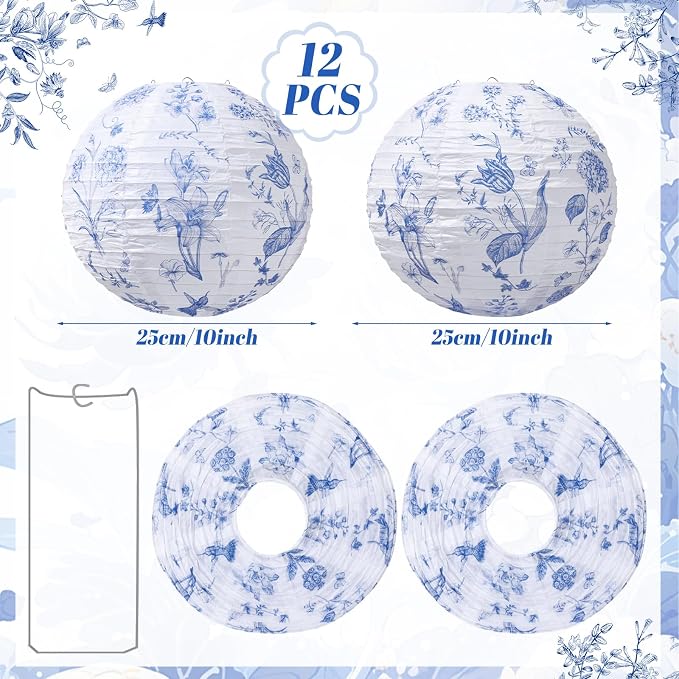 Honoson 12 Pcs Chinoiserie Paper Lanterns Blue and White Floral Chinoiserie - Image 2