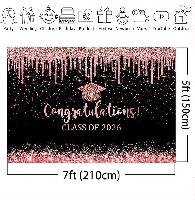 Mocsicka Black and Rose Graduation Backdrop Class of 2026 Photography - Image 4
