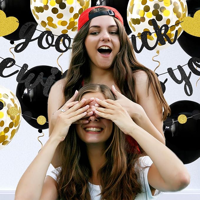 Good Luck We Will Miss You Banner Glitter Black Gold Banner Balloon Garland - Image 7