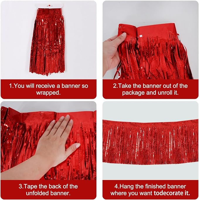 BEISHIDA Laser Red Fringe Garland Banner 30ft Wall Tinsel Foil Streamers | 3Pack - Image 3
