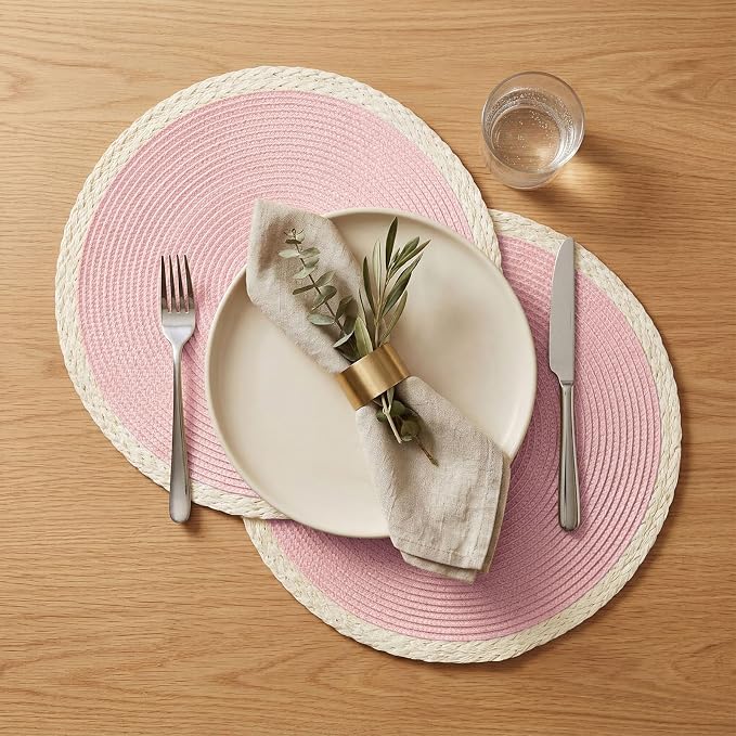 Round Placemats Set of 8, Woven Table Mats, Mint Pink | Braided Paper Edge - Image 3