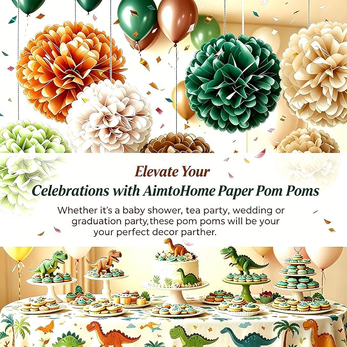 AimtoHome 12Pcs Jungle Paper Pom Poms Decorations, 10/8/6 Inch Green Brown - Image 7